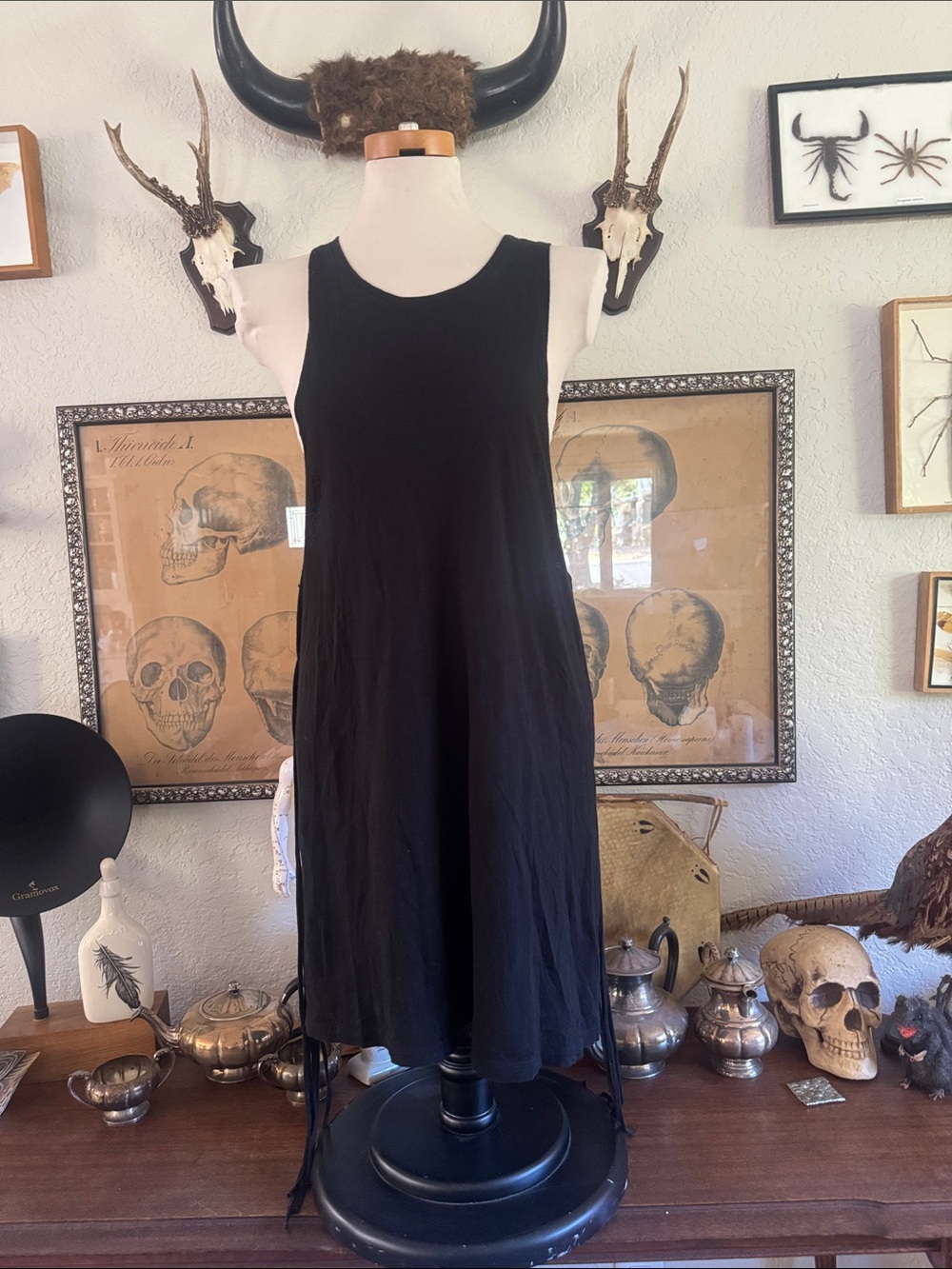 Women's Black Sleeveless Midi Dress - Minimal Shift With Side Fringe